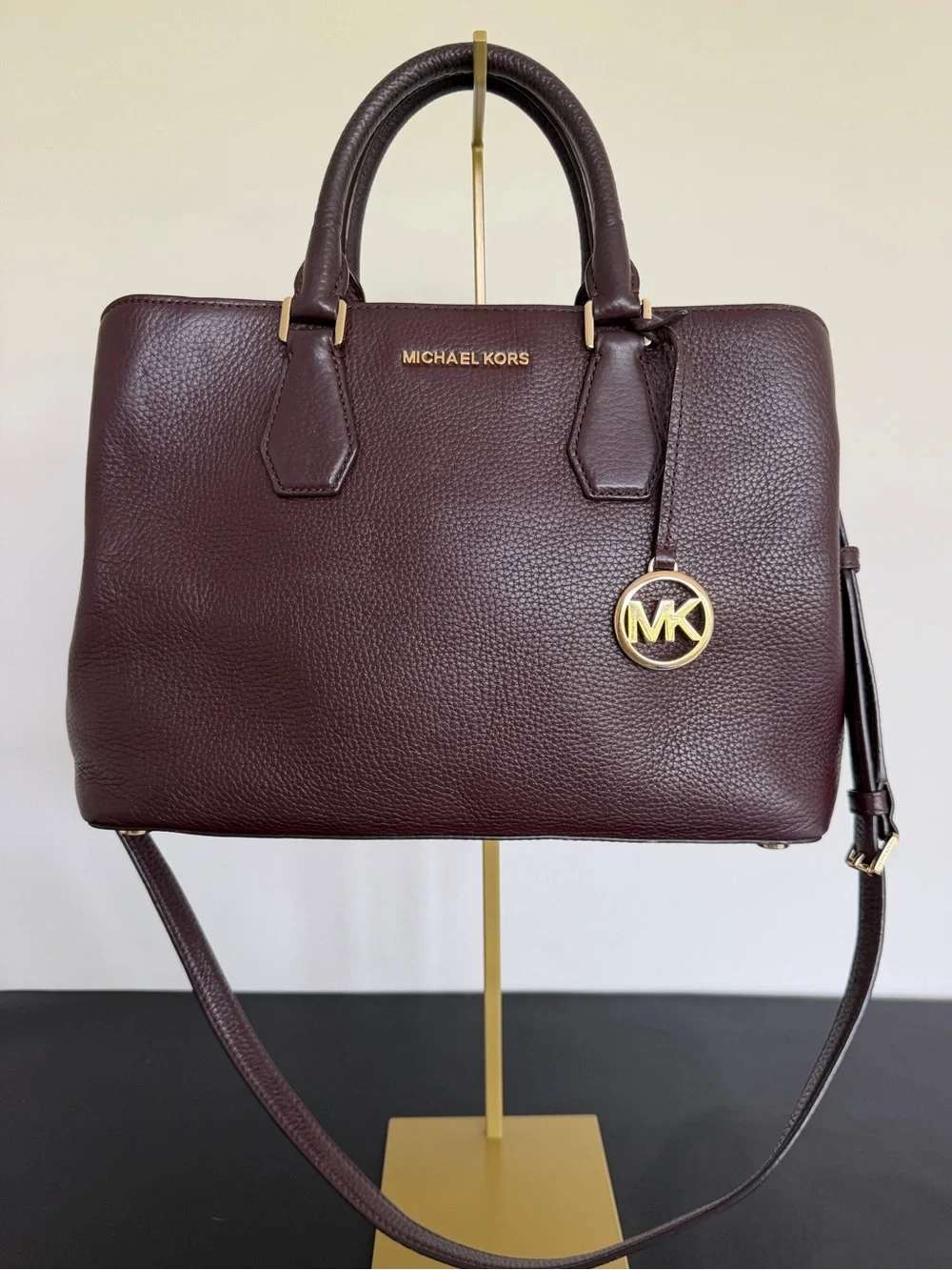 Michael Kors Burgundy Pebbled Leather Satchel Crossbody Bag